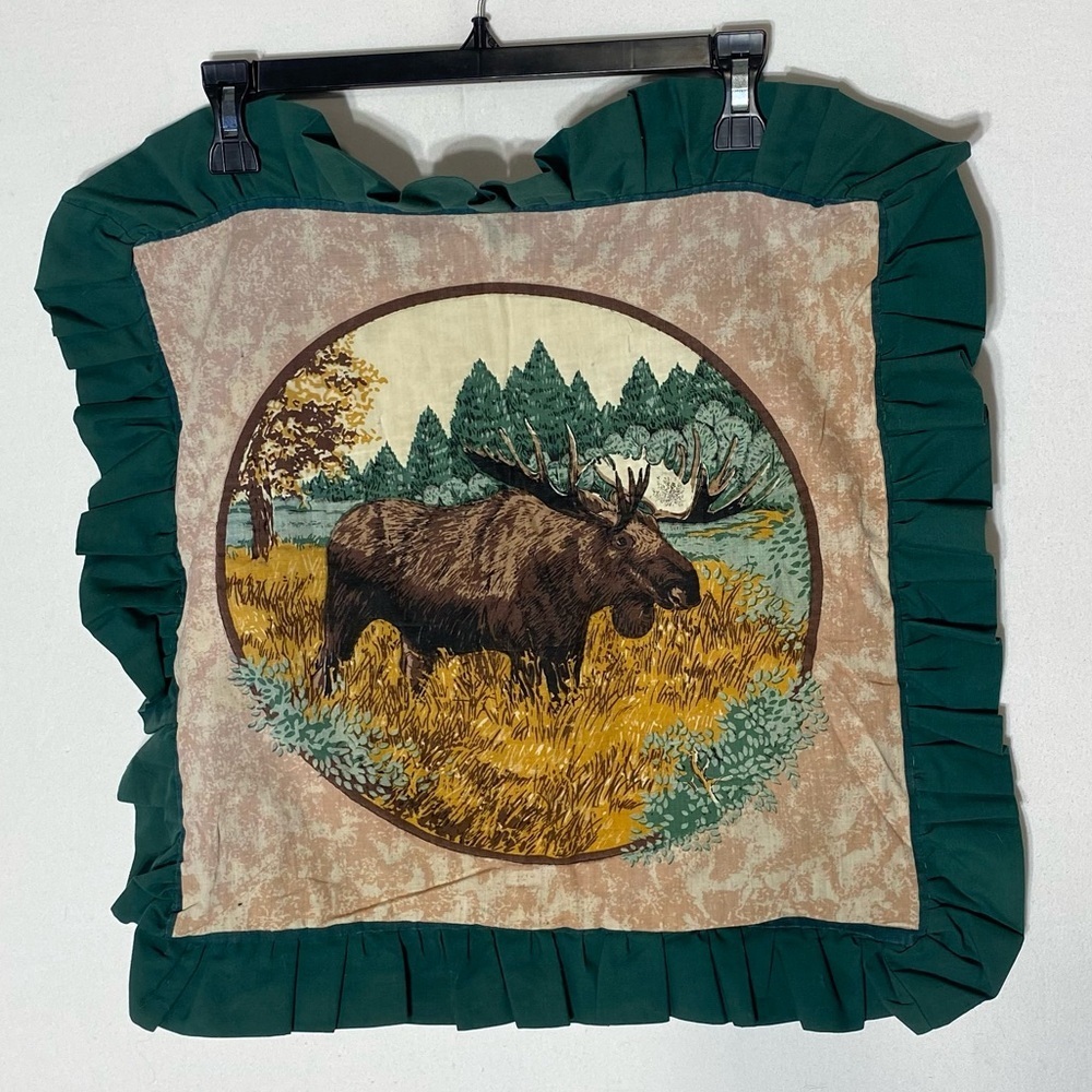 5/$35 Vintage 90s Brown Moose Decorative Throw Pillow Case W Green Trim Dadcore